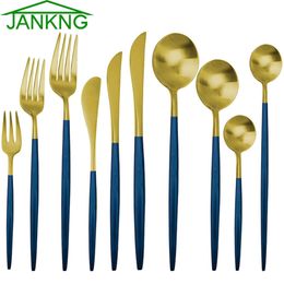 JANKNG 6 Unids Conjuntos de Vajilla de Acero Inoxidable de Oro Azul Bifurcaciones Cuchillos Palillos Cuchara Pequeña para Café Vajilla de Cocina Accesorios de Fiesta