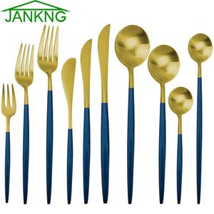 Jankg 6 stks blauw goud roestvrij stalen servies sets vorken messen eetstokjes kleine lepel voor koffie keuken servies partij accessoire