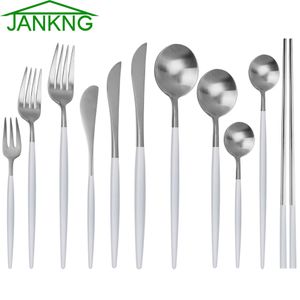 JANKNG 6 pièces blanc argent vaisselle en acier inoxydable ensembles fourchettes couteaux baguettes petite cuillère pour café cuisine vaisselle accessoire de fête