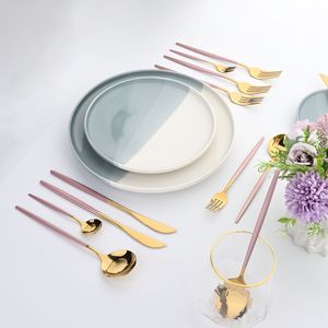Jankng roze gouden bestek Flatlery Set Wedding Party Stainelss Steel Seervies Dinerwerk Vork Spoons Knives Dessert servies