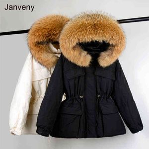 Janveny Énorme Fourrure De Raton Laveur À Capuche Femmes Manteau D'hiver Plume Puffer Parkas Femme Court 90% Duvet De Canard Veste Neige Outwear 211221