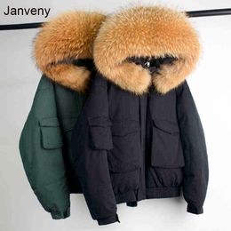 Janveny enorme real mapache piel collar con capucha invierno abajo abrigo mujeres corto 90% pato blanco abajo chaqueta suelta caliente femenina parkas 211130