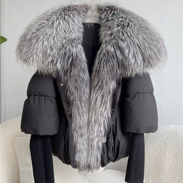 Janveny grand réel argent col de fourrure de renard blanc canard doudoune femmes hiver luxe manteau surdimensionné plume vêtements d'extérieur 231226