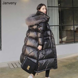 Janveny Long Down Veste Femmes Hiver Noir Lâche Réel Fourrure De Raton Laveur À Capuche De Mode Imperméable Femelle Duvet De Canard Puffer Manteau 211221