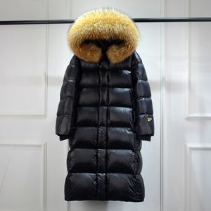 Janveny longue doudoune femmes épaisseur grande fourrure de raton laveur naturel à capuche en vrac 90% duvet de canard manteau vêtements de neige 231226