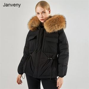 Janveny luxe grand réel fourrure de raton laveur à capuche imperméable hiver doudoune femmes 90% duvet de canard Puffer manteau femme courte Parka 211120