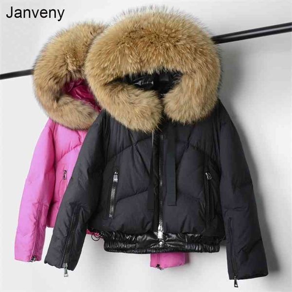 Janveny véritable fourrure de raton laveur à capuche femme doudoune hiver 90% duvet de canard manteau court femme bouffante plume Parkas vêtements d'extérieur 210819