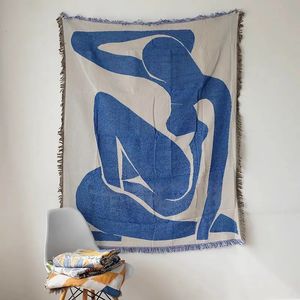 Japan Abstract Throw -deken voor sofa bed geometrische gebreide kwast Tapestry blauwe campingdekens buiten picknick mat dken 240409