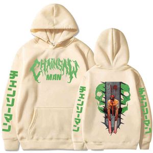 Japon Anime tronçonneuse homme vert lettre sweats à capuche gothique dessin animé Denji imprimé Streetwear à manches longues femmes hiver sweats