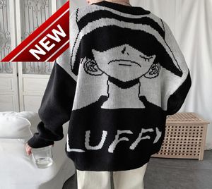 Japan Anime Séter suéter Cartoon Luffy Knitwear lindo Moda Tops Pelovers Black White7122347