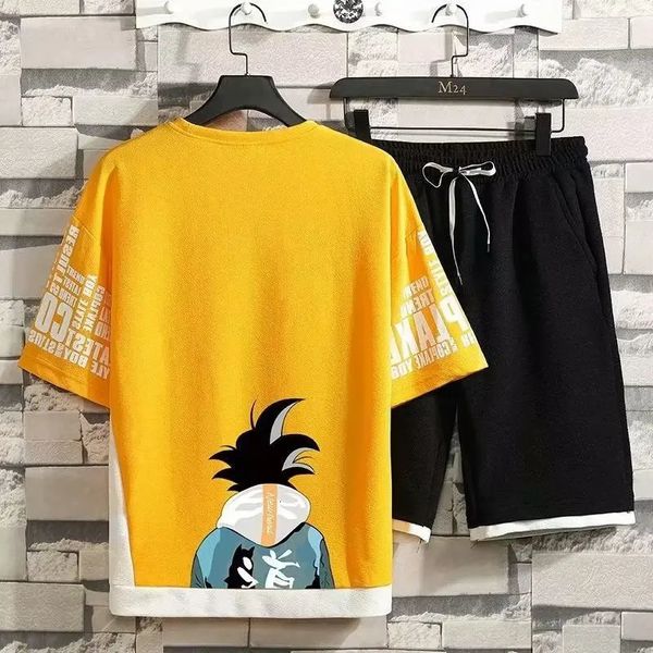 Japan Casual Mens Suit Summer High Street Harajuku Top Shorts Top Dos piezas TEE estampado de anime Pantalones cortos Wear Sports 240409