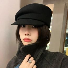 Japan Gebogen Dakrand Wollen Baret Vrouwen Herfst Winter Vilt Fedora Zwarte Schilder Hoed Vrouwelijke Warme Achthoekige Hoeden Klassiekers Wandelpet 240124