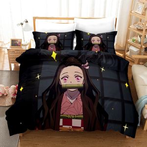 Japón Demon Slayer Juego de ropa de cama Dibujos animados Anima Lovers Funda nórdica para adultos Juego de cama de tamaño único Niños Funda de almohada Textiles para el hogar 210309