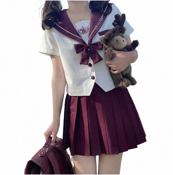 Japon JK Uniforme Vêtements d'école pour filles Broderie d'été à manches courtes Lg Manches Jupe courte Ensemble Costume de marin authentique pour filles C3YP #