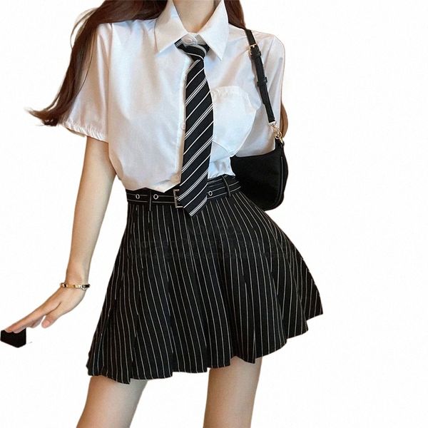 Japon coréen étudiant JK uniforme scolaire été cool uniforme quotidien deux pièces ensemble filles noir jupe dénudée ceinture cravate chemise blanche X0Q2 #