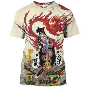 Camiseta con estampado de gato samurái japonés para hombre y mujer, camisetas informales de estilo de tendencia a la moda con cuello redondo, manga corta de gran tamaño, envío gratis