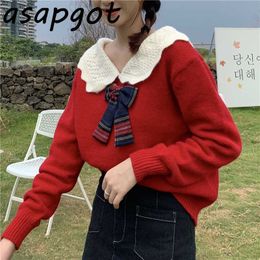 Japan Style Chic Bow Peter Pan Collar Truien SweatersJumpers Zoete Herfst Trek Femme Retro Massief Rood Gebreide Top Fashion 210610