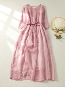 Japan -stijl dubbele lagen vrouwen jurken chique orgel plooien korte mouw oneck cotton gemengd kantoor dame midi robe femme 240412