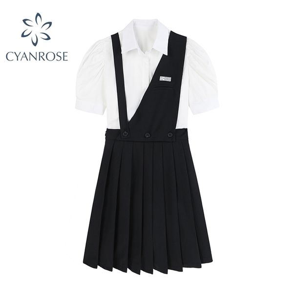Japon Style robe costume femmes été JK collège manches courtes bouffantes blanc petit haut + bracelet noir plissé femme 210515