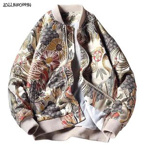 Japan Style Floral Crane Borduurwerk Mannen Bomber Jacket Beige Stand Kraag Streetwear Varsity Baseball Coat Plus Size 210819