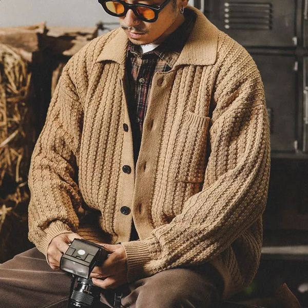 Japon Style hommes Vintage Cardigan pull automne hiver mode tendance solide lâche bouton poche Patchwork rayé tricot manteau 240130