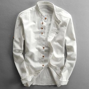 Japan Style Mens Linen Coton Shirt Harajuku Stand Collier à manches longues Slim Fit Couleur masculine Male Casual Breathable Classical 240126