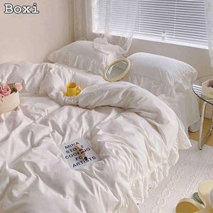 Japan Style Solid Color Bedding Set schattig meisje ruches kanten roze rok kinderen dekbedovertrek met kussensloop laken voor vrouwen