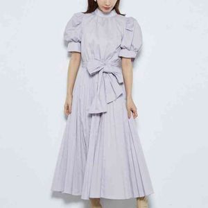 Japon Style Sweet Puff Manches Bow Femme Longue Robe Élégante Col Montant À Lacets Robe Mujer Printemps Été Femme Robe 210514