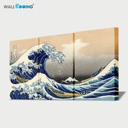 Peinture japonaise Ukiyo-e, 3 panneaux d'images, toile, la grande vague de Kanagawa, surf Hokusai, imprimés d'art mural 296q