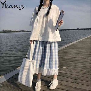 Japonais 2pcs costume femmes été col de poupée chemise blanche + taille haute plaid plissé jupe longue coréenne décontractée harajuku kawaii ensemble 210421