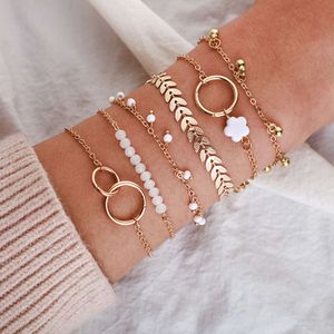 Bracelet de perles géométriques à 6 couches pour femmes, mode japonaise et coréenne, pompon de fleur de Style Instagram, feuille de perle ronde