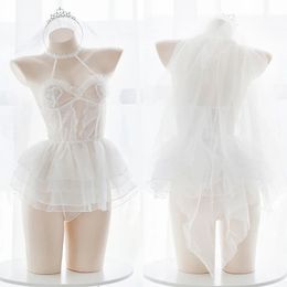 Ensemble de sous-vêtements transparents en dentelle pour fille de ballet d'ange japonais ensemble de robe courte de mariage Sexy Lolita Cospaly ensemble de lingerie blanche en maille 240118