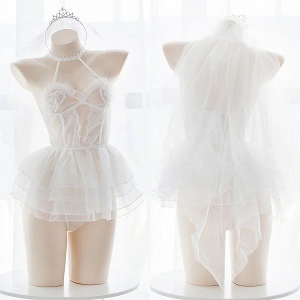 Ensemble de sous-vêtements transparents en dentelle pour fille de ballet d'ange japonais ensemble de robe courte de mariage Sexy Lolita Cospaly ensemble de lingerie blanche en maille 240105
