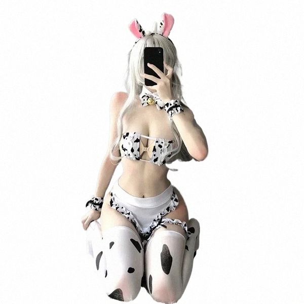 Japonais Anime Cos Cow Cosplay Costume Sexy Lingerie Maid Uniforme Filles Mignon Lolita Soutien-Gorge et Culotte Ensemble avec Bas Y38L #