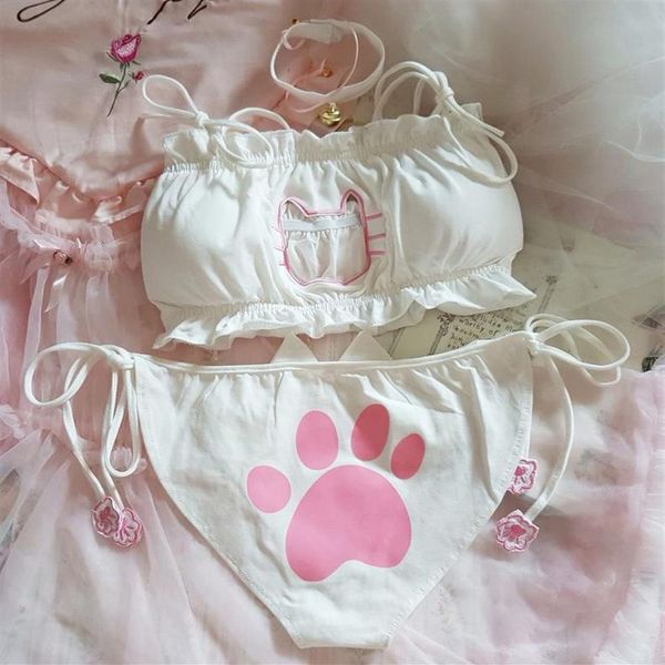 Anime japonés cos sexy lindo gato chica algodón ahueca hacia fuera Sexy pecho abierto con cordones conjunto de ropa interior Cosplay lindo encaje bragas set227N