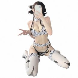 Japonais Anime Cow Cos Cosplay Costumes Lait Mini Bikini Set Femmes Lingerie Sexy Kawaii Outfit Maid Uniforme avec Bas 49g6 #