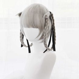 Japanse anime kakegurui kirari momobami 35 cm korte pruiken grijze vlechten vormgegeven clip op cosplay pruik + pruik cap y0913