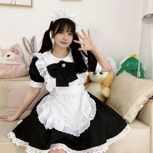 Costume de Cosplay noir et blanc pour fille, dessin animé japonais Lolita lapin, robe de demoiselle d'honneur de Festival, tablier + tenues uniformes à nœud