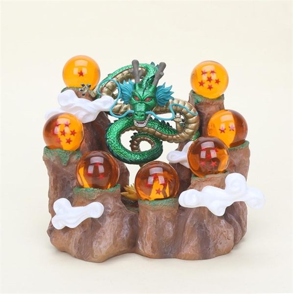 Anime japonés Shenron Shenlong Green Metallic Gold Model Toy PVC Figura Base de montaña Escena de bola de resina Y12218900602