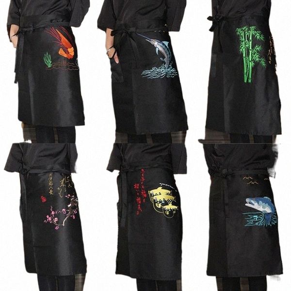 Japonés abril cocina medio cuerpo cintura unisex cocina chef restaurante camarero ropa de trabajo bordado pantalones cortos uniforme nuevo Z9cd #