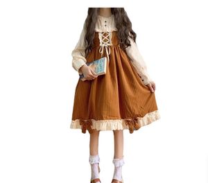 Japanse herfst nieuwe kawaii lolita splicing cosplay loli jurk zoete zachte meid boog volle mouw schattige ruches bruine streepjurken