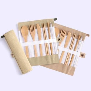 Ensemble de couverts en bambou japonais, ensemble de couverts en paille avec sac en tissu, outils de cuisine, vente en gros, LX2753