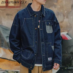 Japanse Blauwe Denim Jas Man Retro Losse Bovenkleding Mannen Jeans Cargo Cowboy Casual Windjack Zakken Streetwear Jassen 240311
