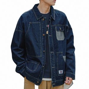 Japanse Blauwe Denim Jas Man Retro Losse Bovenkleding Mannen Jeans Cargo Jas Cowboy Casual Windjack Zakken Streetwear Jassen 39Xz #