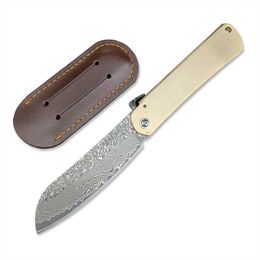Cuchillo de bolsillo táctico con mango de latón japonés, hoja de acero damasco, Cuchillos plegables EDC Higonokami para acampar
