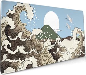 Tapis de souris de jeu japonais marron Wave 35,4 x 15,7 pouces XXL Cool Style Art Design tapis de souris étendu grand caoutchouc antidérapant