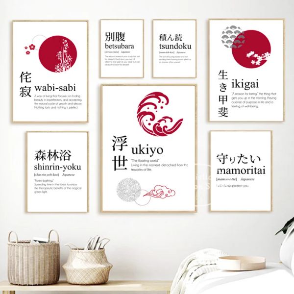 Affiche de calligraphie japonaise Ukiyo Ikigai Wabi-Sabi Wall Art Canvas Peinture nordique et HD Impressions murales décor de salon