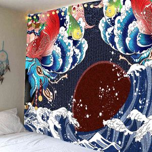 Alfombra japonesa Colgante de pared Anime Imagen abstracta Uki Wave Crane Fish Hippie Boho Home Room Decor Trippy Art Tapiz Carpet J220804