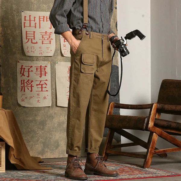 Salopette décontractée japonaise bretelles élastiques pour jeunes hommes combinaison kaki pantalon droit ample pantalon de loisirs Vintage Gentleman 231227
