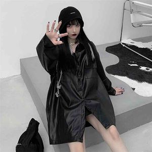 Chaqueta de Moto de cuero holgada informal japonesa para mujer, abrigo coreano de calle, ropa de calle elegante, Tops de cuero negro de manga larga 210916